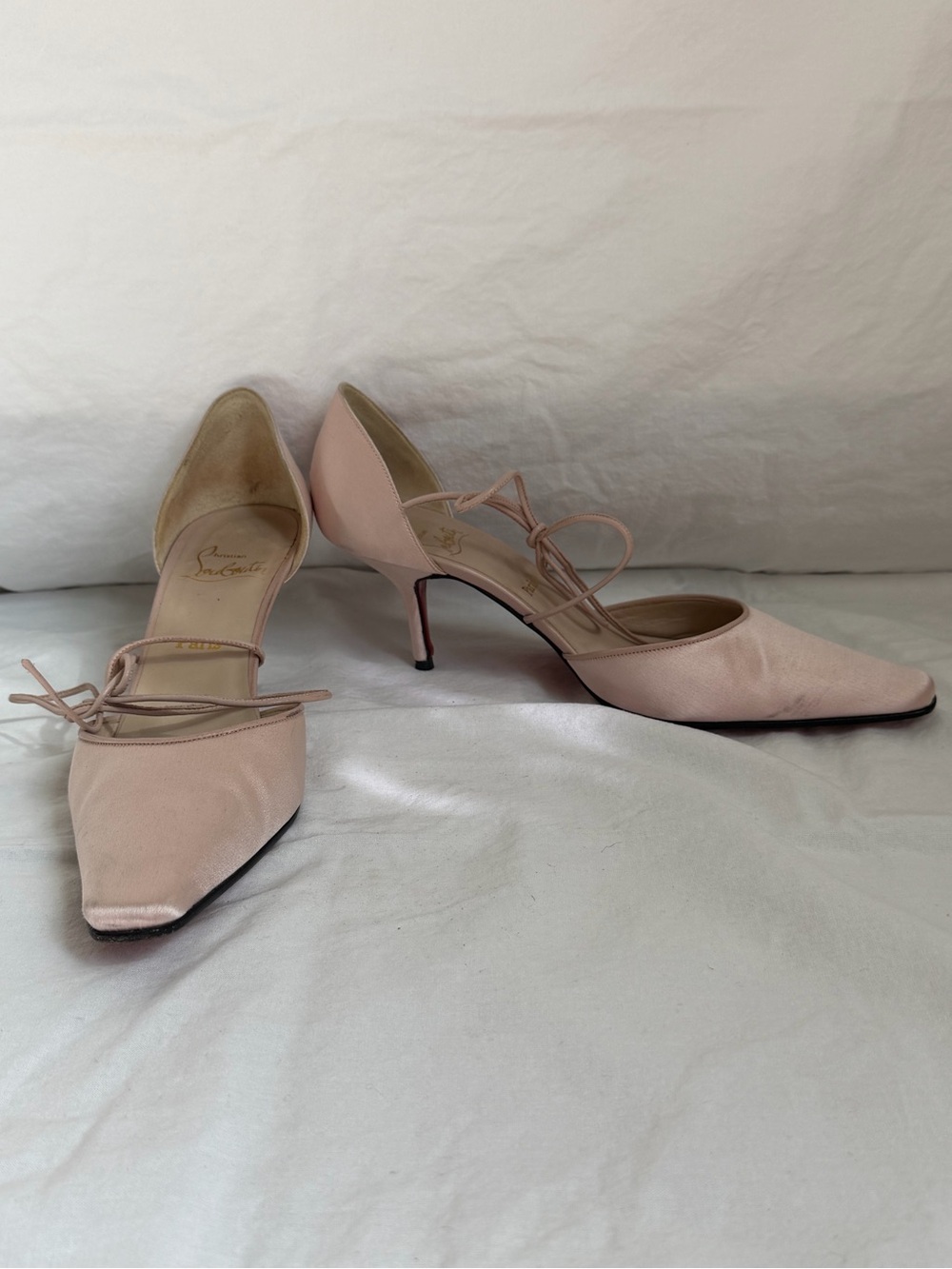 Christian Louboutin Pale Pink Satin Pointed Lace-Up Pumps